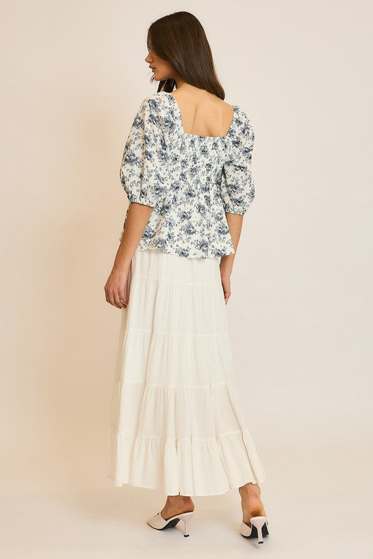 FLORAL PLEATED PUFF SLEEVE TOP