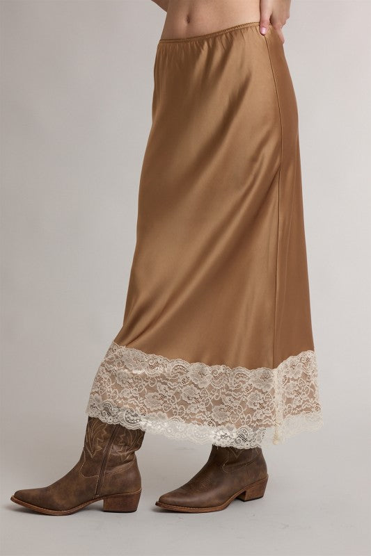 Camel Satin Lace Midi Skirt