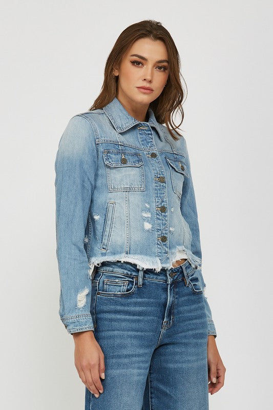 Light Wash Frayed Bottom Fitted Jacket