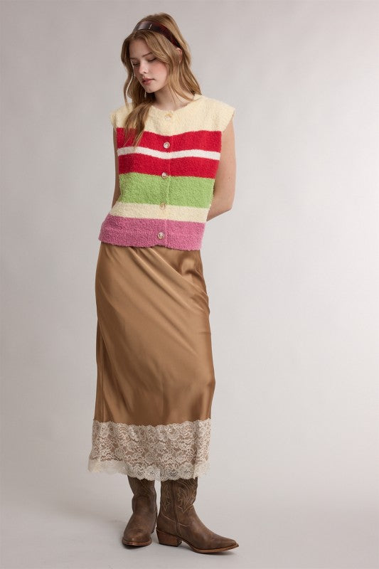 Camel Satin Lace Midi Skirt