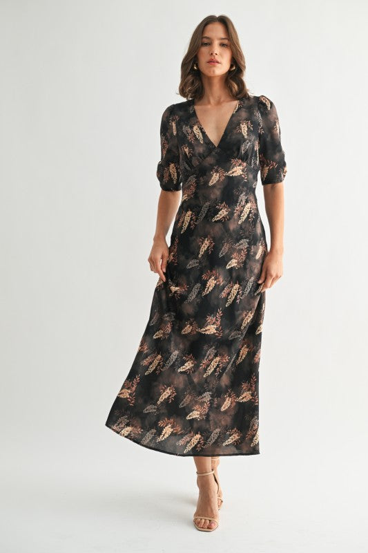 Leaf Print Satin Dress