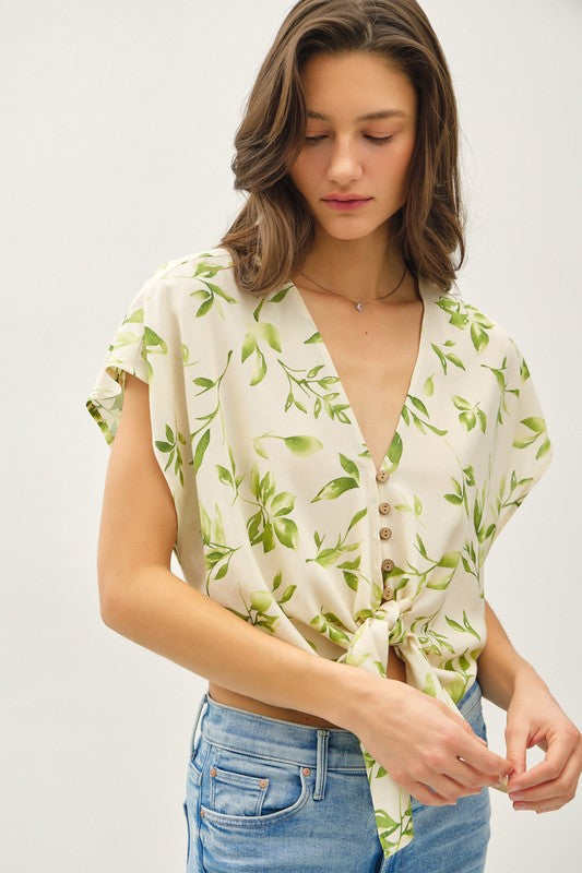 Green Leaf Print Button Up