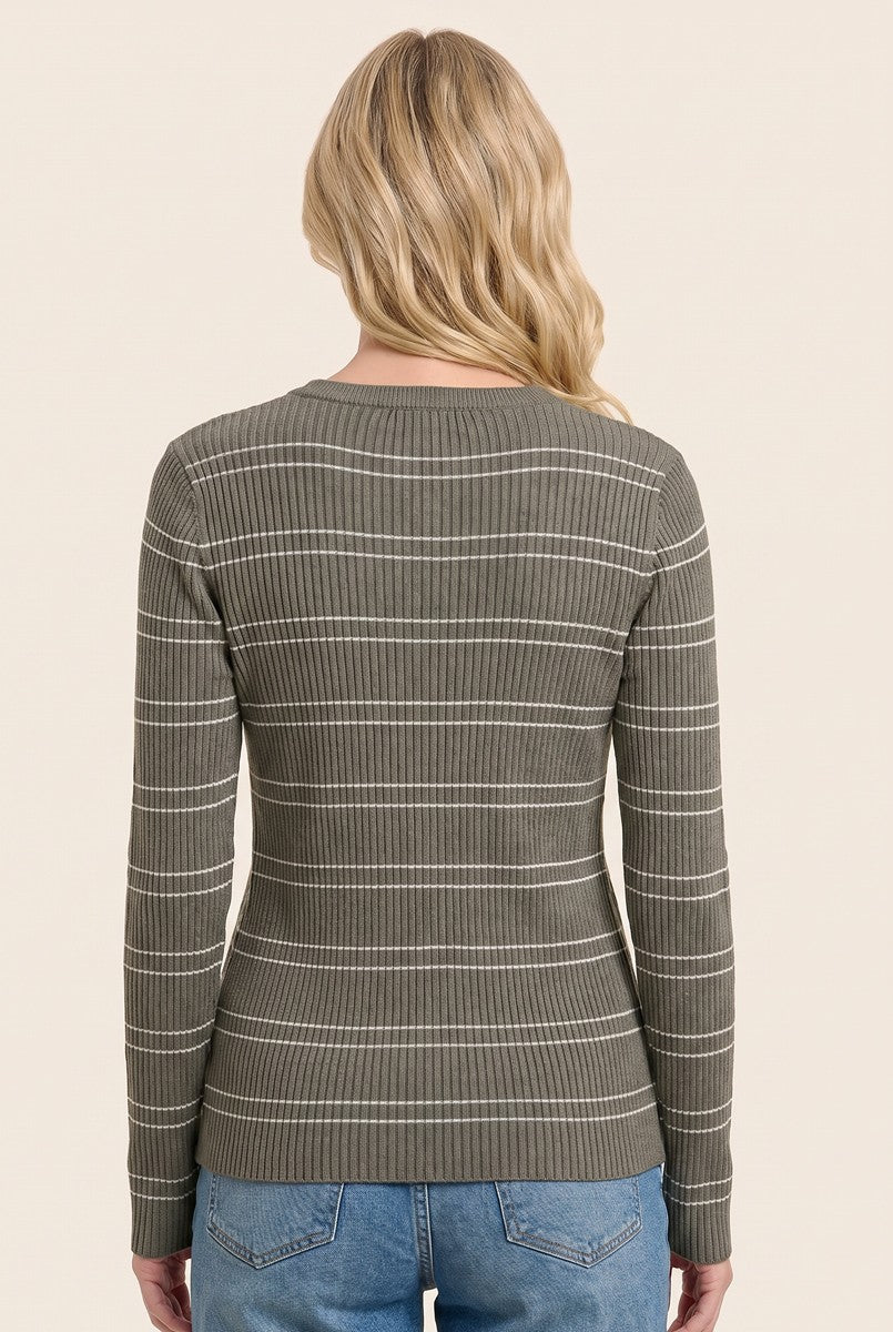 Olive Ribbed Stripe Basic Sweater