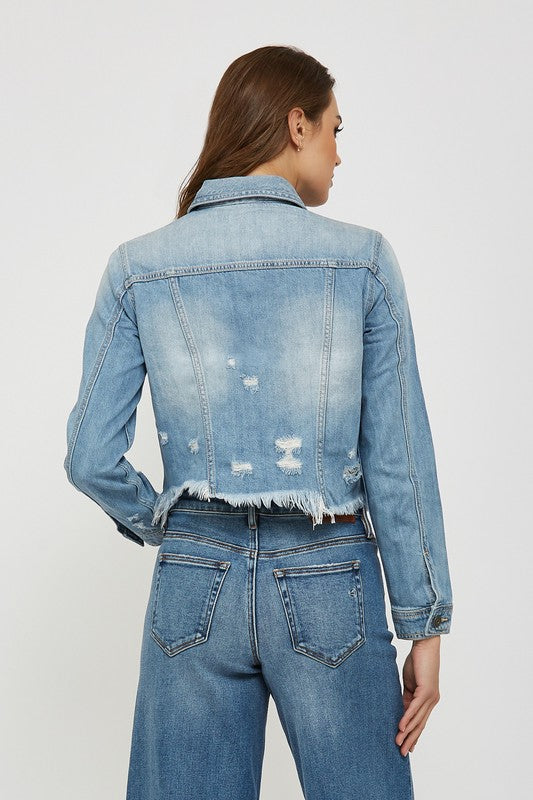 Light Wash Frayed Bottom Fitted Jacket