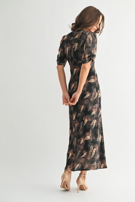 Leaf Print Satin Dress