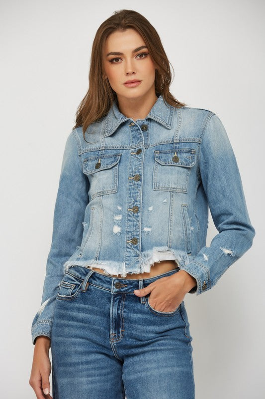 Light Wash Frayed Bottom Fitted Jacket