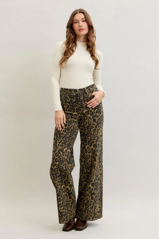 Judy Blue High Waist Retro Leopard Wide Leg Denim Jeans