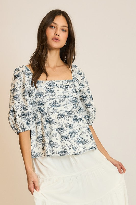 FLORAL PLEATED PUFF SLEEVE TOP