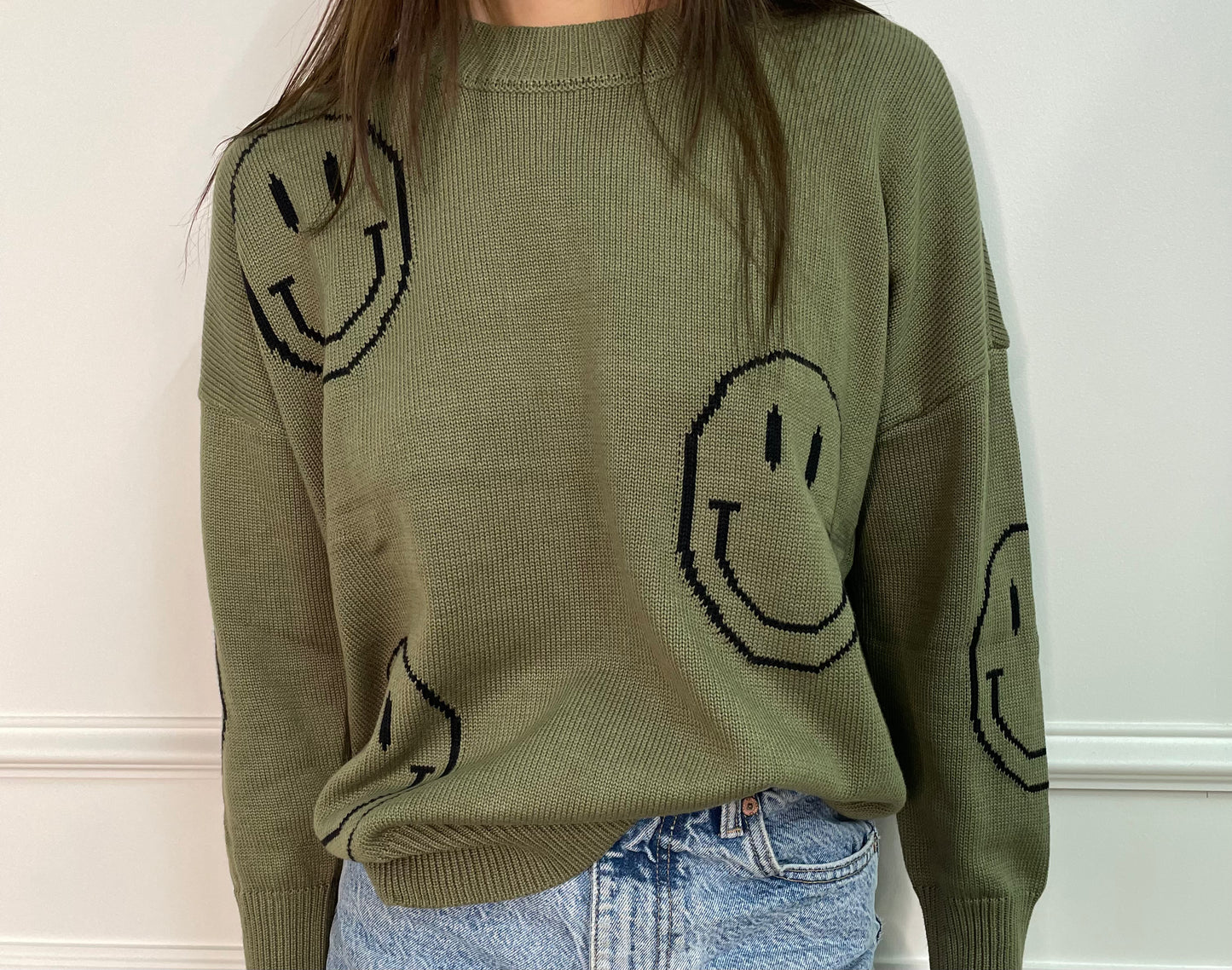 Olive Smiley Face Sweater
