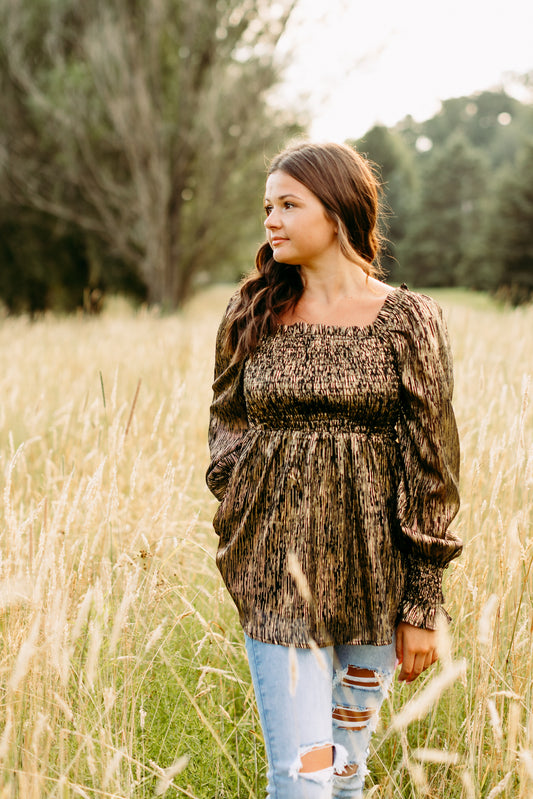 Black Material Smocked Bodice Long Sleeve Top