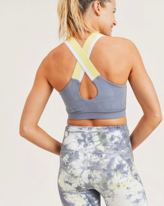 Solid Sports Bra with Striped Overlay Back