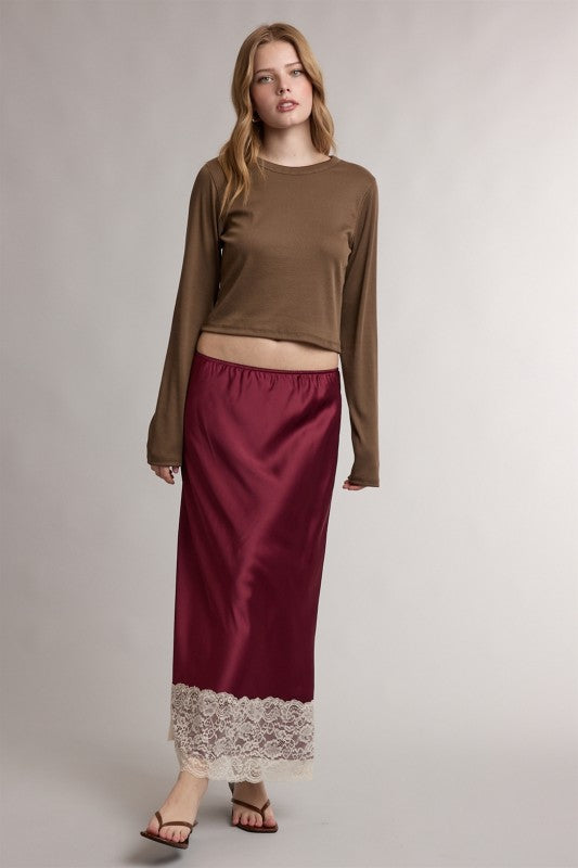 Wine Satin Lace Midi Skirt