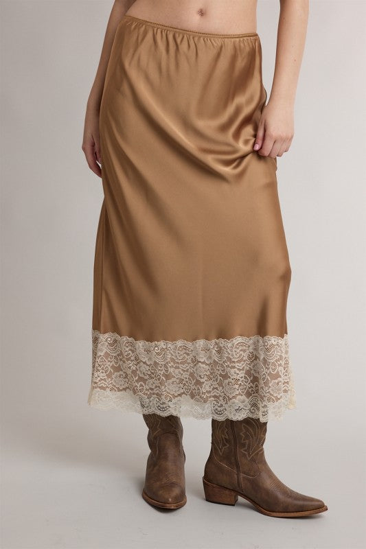 Camel Satin Lace Midi Skirt