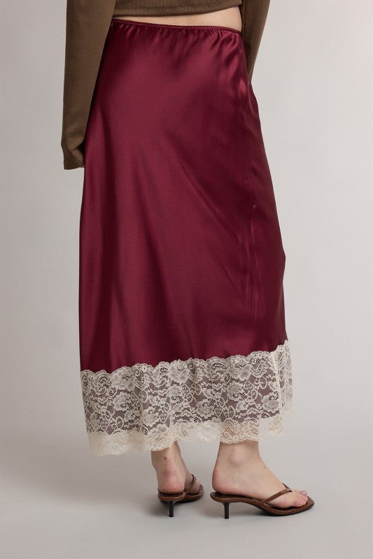 Wine Satin Lace Midi Skirt