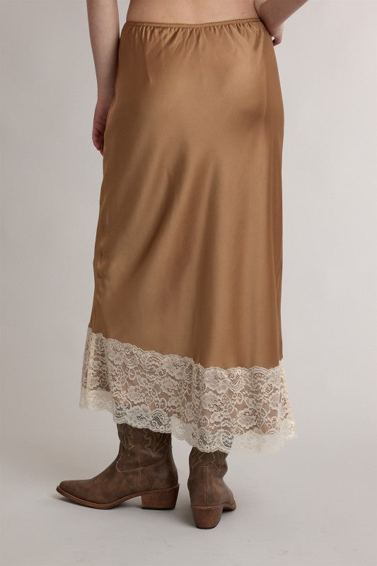 Camel Satin Lace Midi Skirt