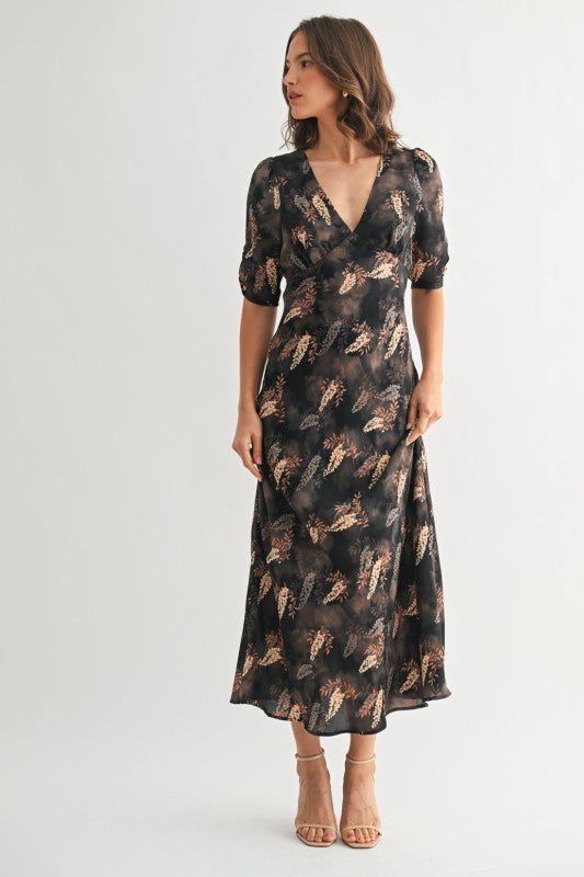 Leaf Print Satin Dress