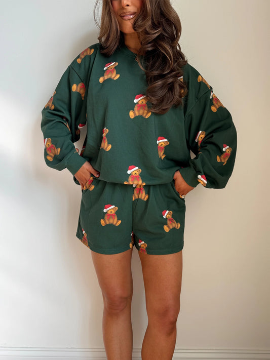 Christmas Teddy Printed Crew And Short Set