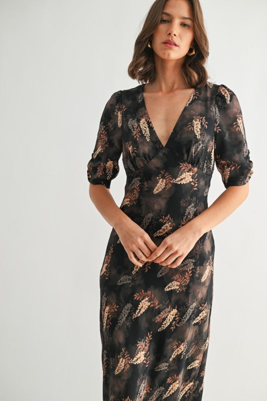 Leaf Print Satin Dress
