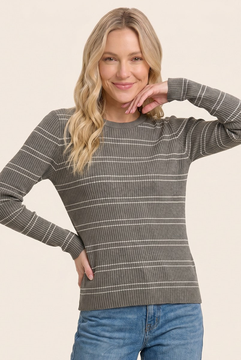 Olive Ribbed Stripe Basic Sweater