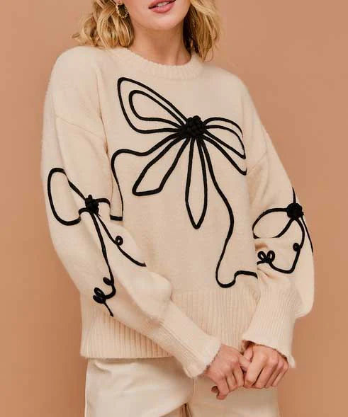 BOW CREW NECK SWEATER - CREAM/BLACK