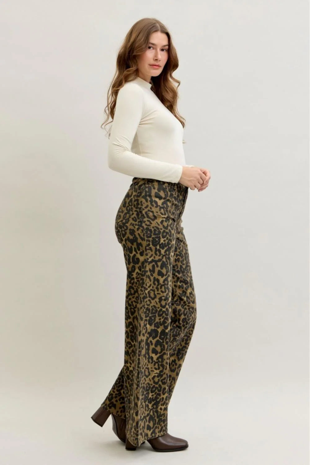 Judy Blue High Waist Retro Leopard Wide Leg Denim Jeans