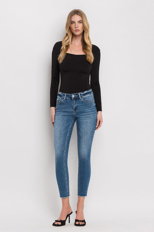 Mid Rise Raw Hem Skinny