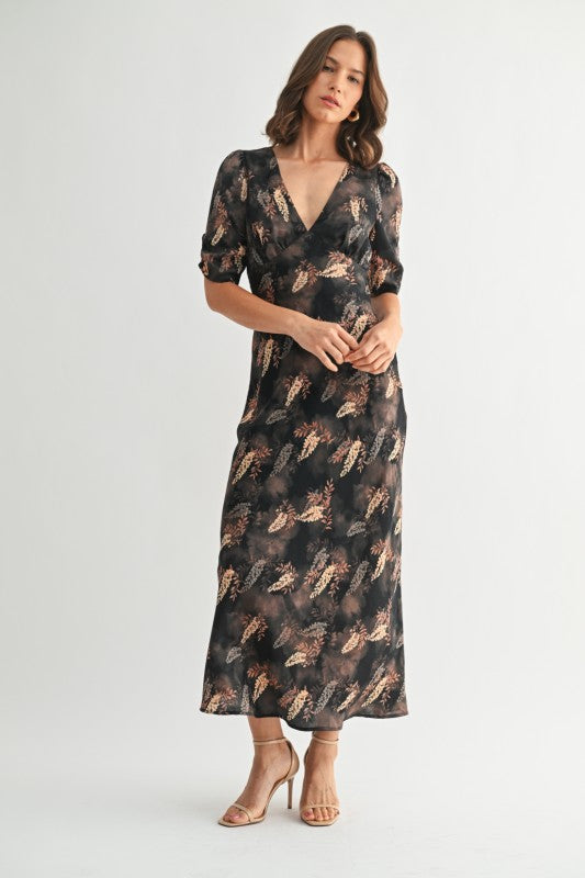 Leaf Print Satin Dress