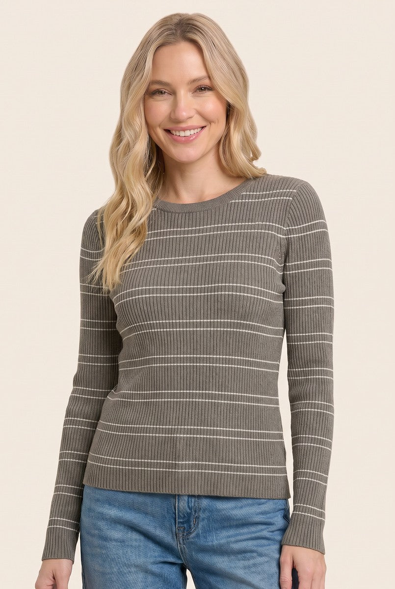 Olive Ribbed Stripe Basic Sweater