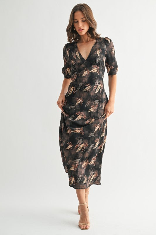 Leaf Print Satin Dress