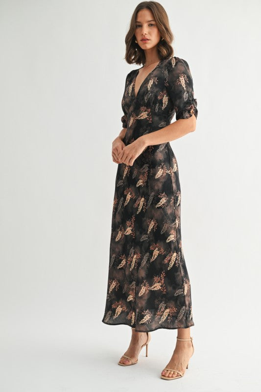 Leaf Print Satin Dress