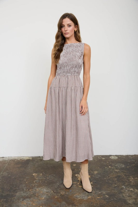 SMOCKED GINGHAM TIERED SLEEVELESS MIDI
DRESS