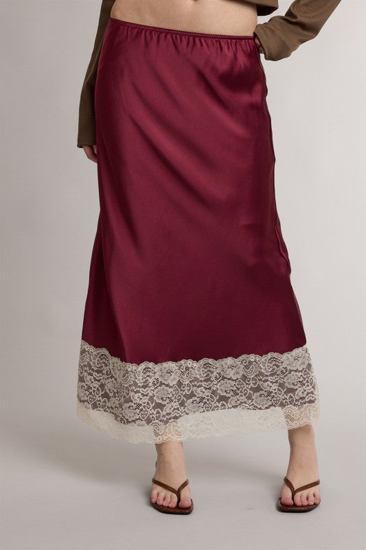 Wine Satin Lace Midi Skirt