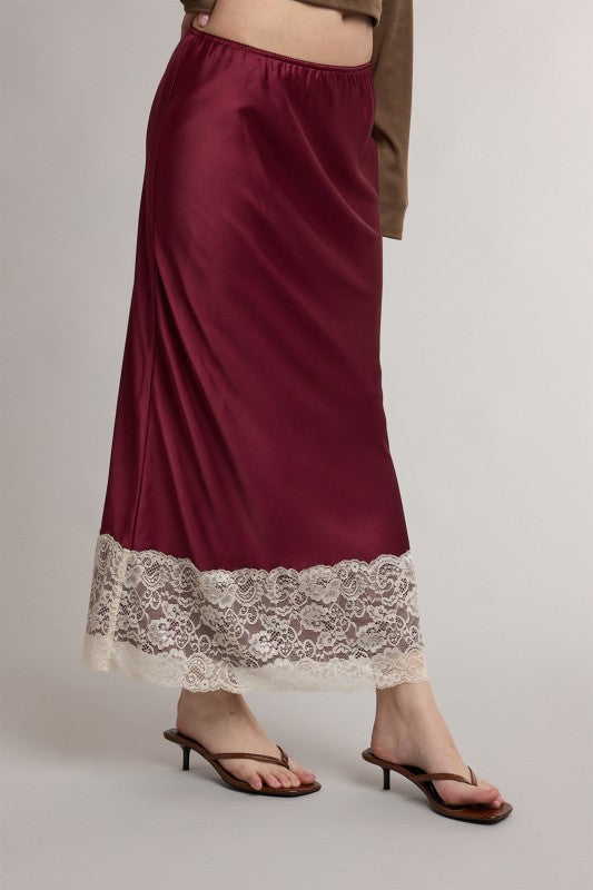 Wine Satin Lace Midi Skirt